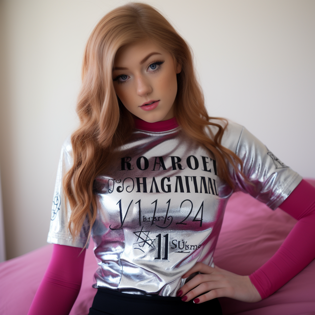 Katherine McNamara in shiny pink croptop on bed