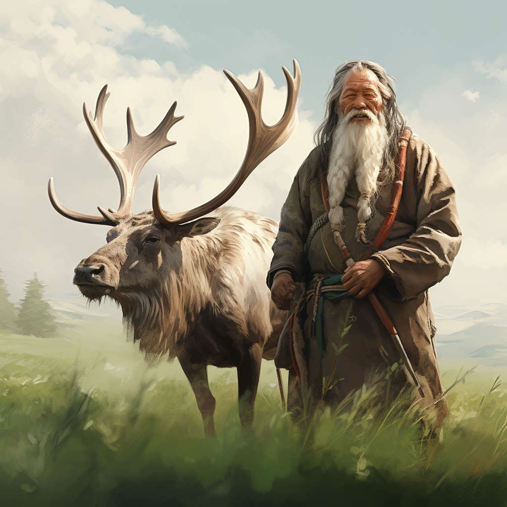 Old Kazakh Nomad with White Beard and Pointy Wizard Hat