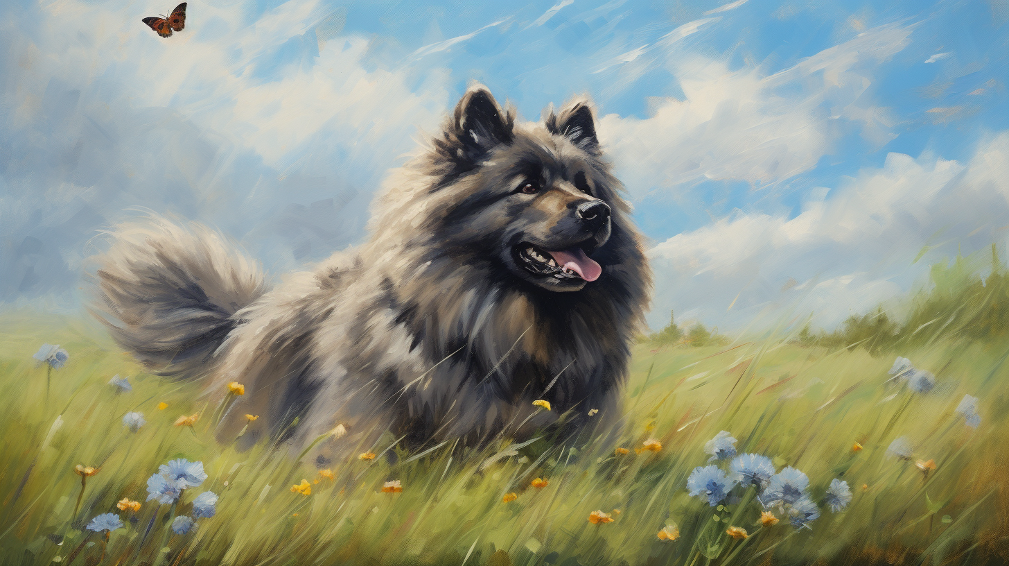 Keeshond playing with butterfly in grass on a blue skies day