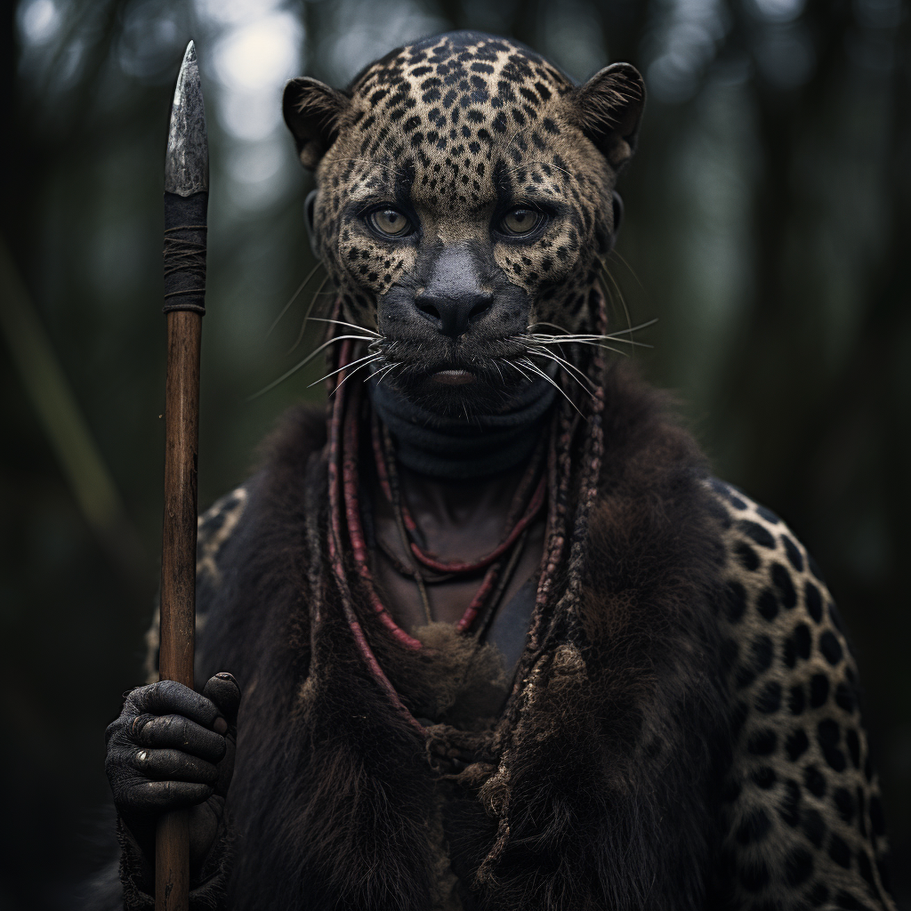 Kenyan Mau Mau warrior with leopard skin and spear