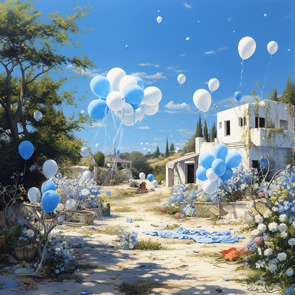 Scenic kibbutz with flowers and balloons