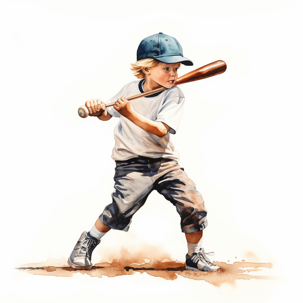Kid hitting baseball in watercolor style