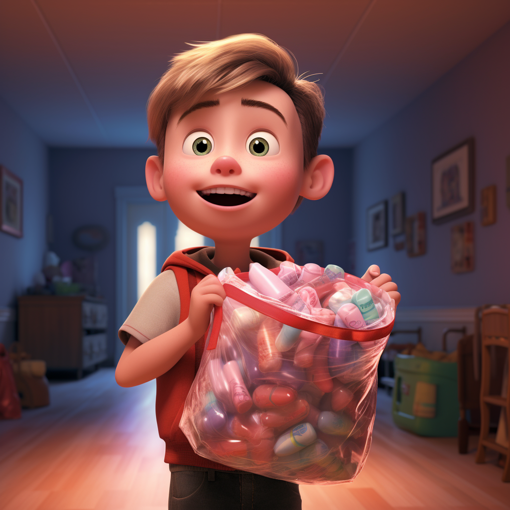 Excited kid holding a bag of candy