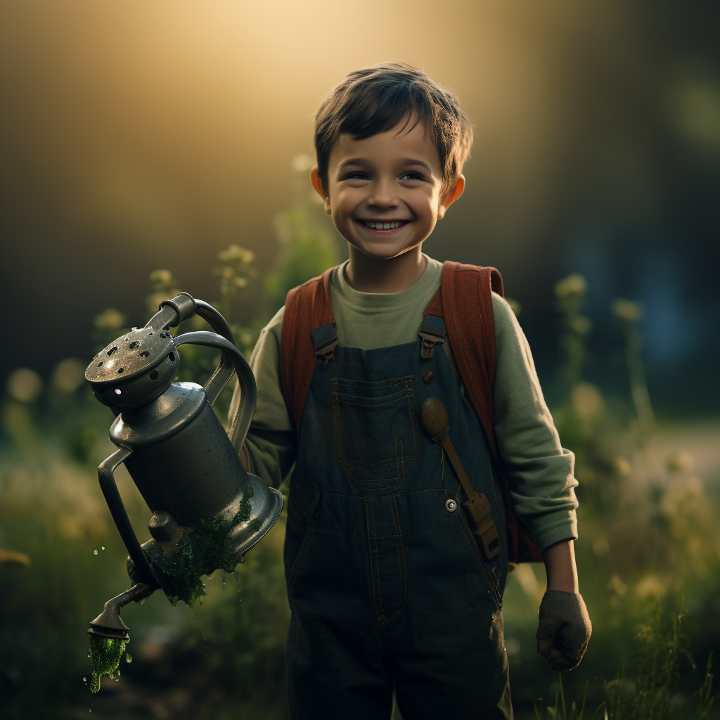 Kid with Robot Arm Holding Watering Can