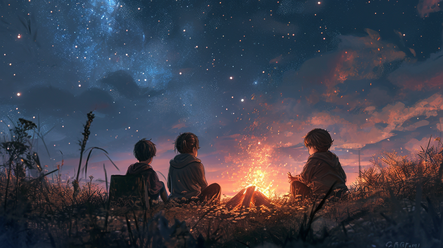 Kids sitting around bonfire under stary sky