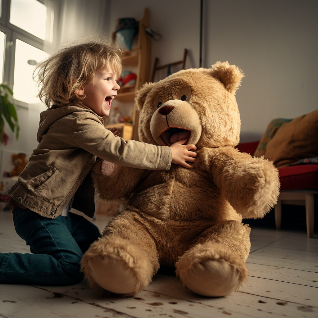 Two kids fighting over a teddy bear