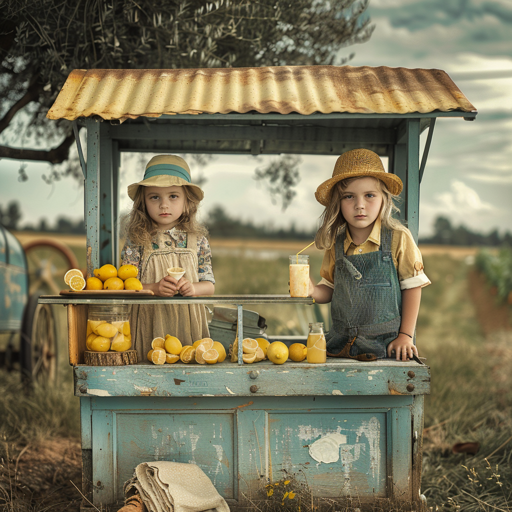 Two kids lemonade stand outdoors