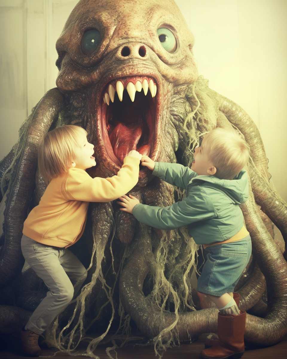 Kids playing with giant slimy monster