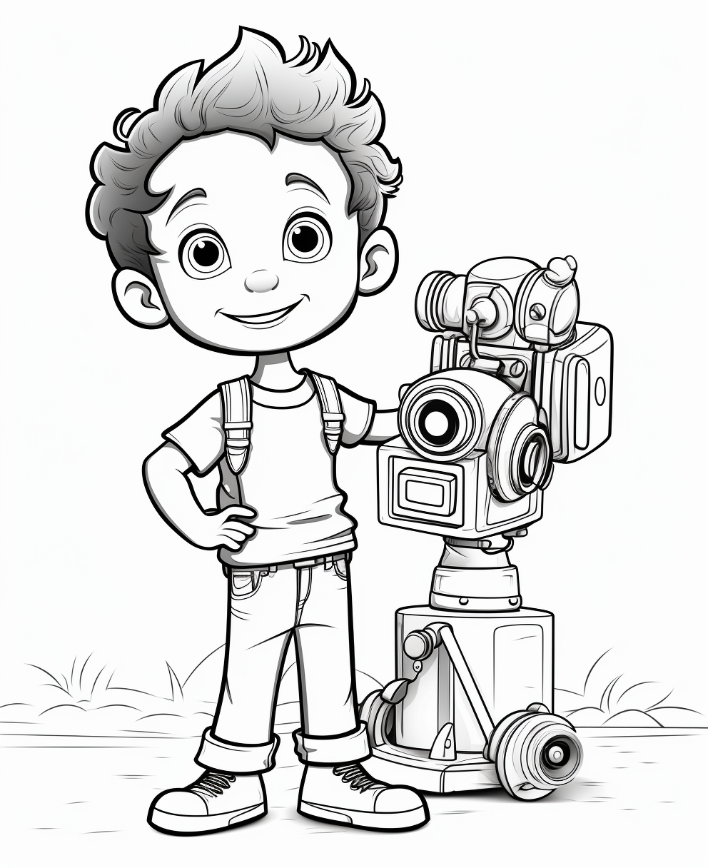 Cartoon illustration of little boy filmmaker coloring page