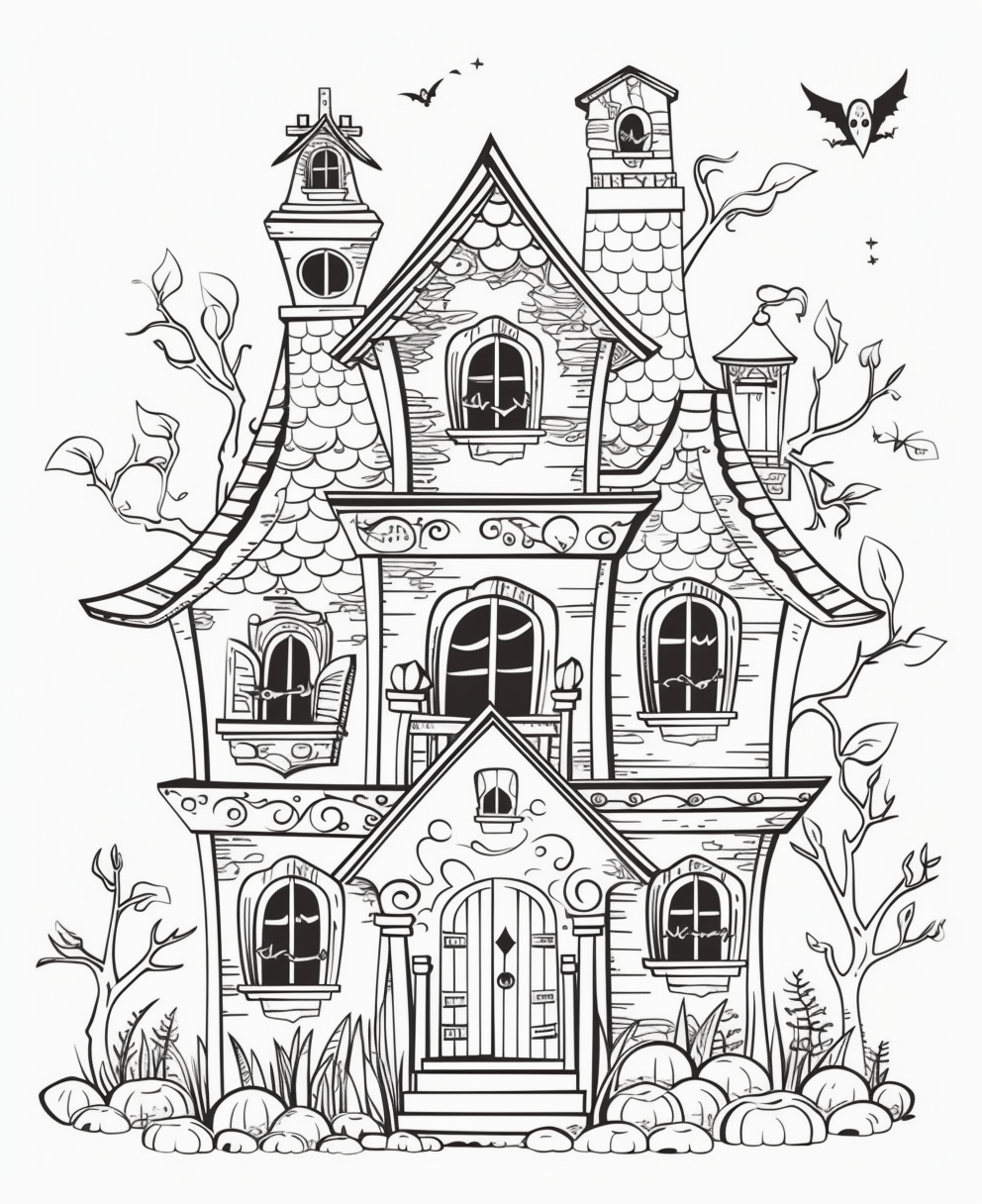 Cartoon haunted house coloring page