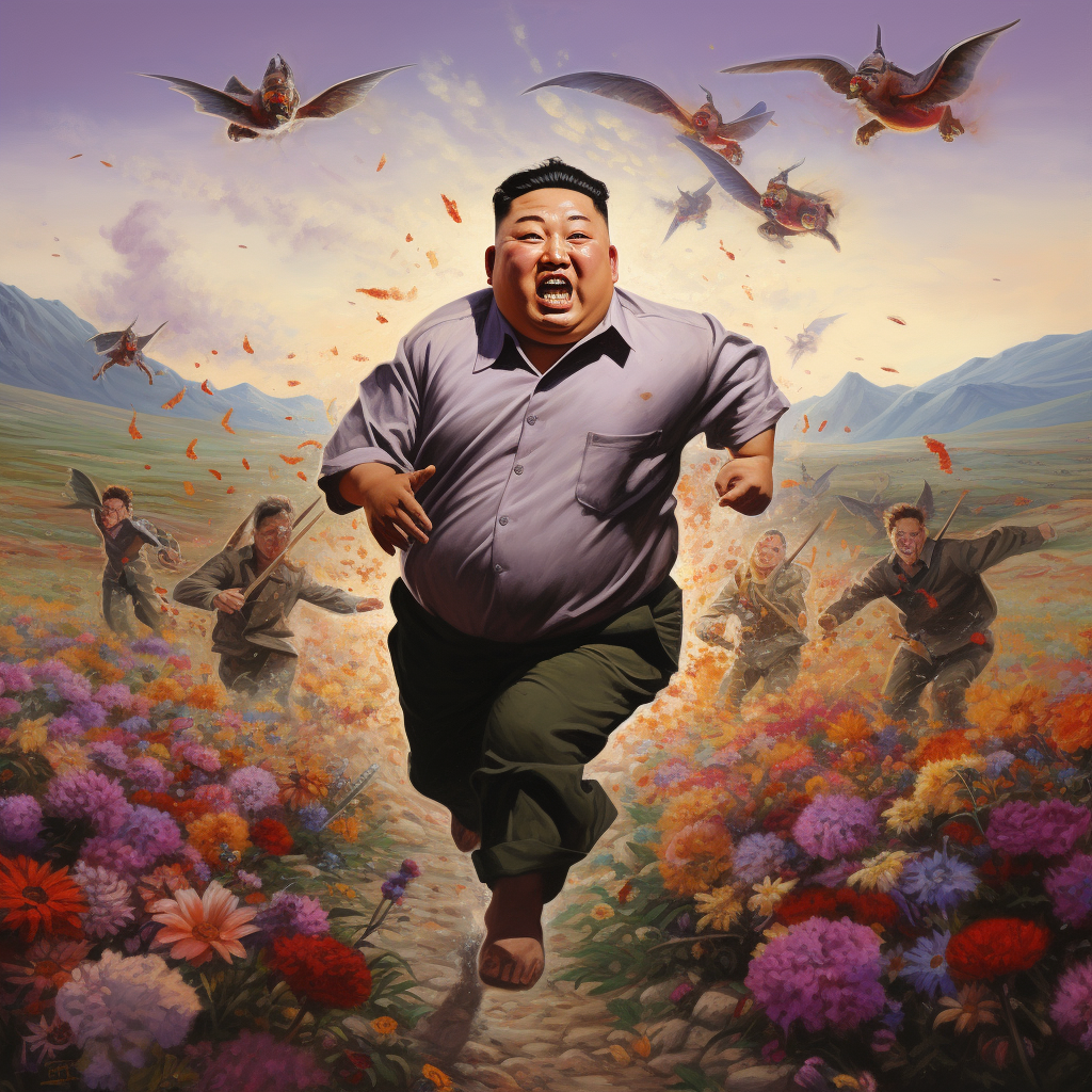 Kim Jung Un running from angry mob of women