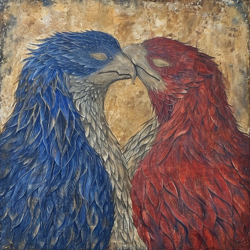 Kissing Griffons in Red and Blue