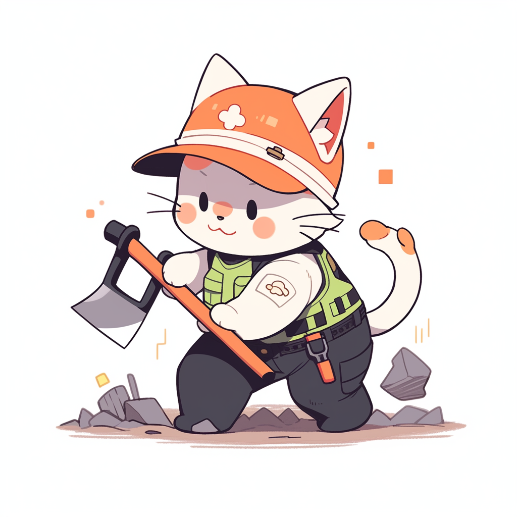 Cute kitten with hard hat and shovel