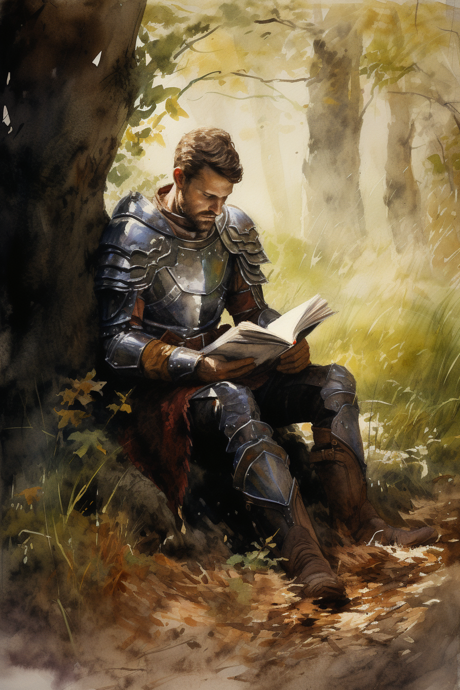 Knight reading leather bound book in forest