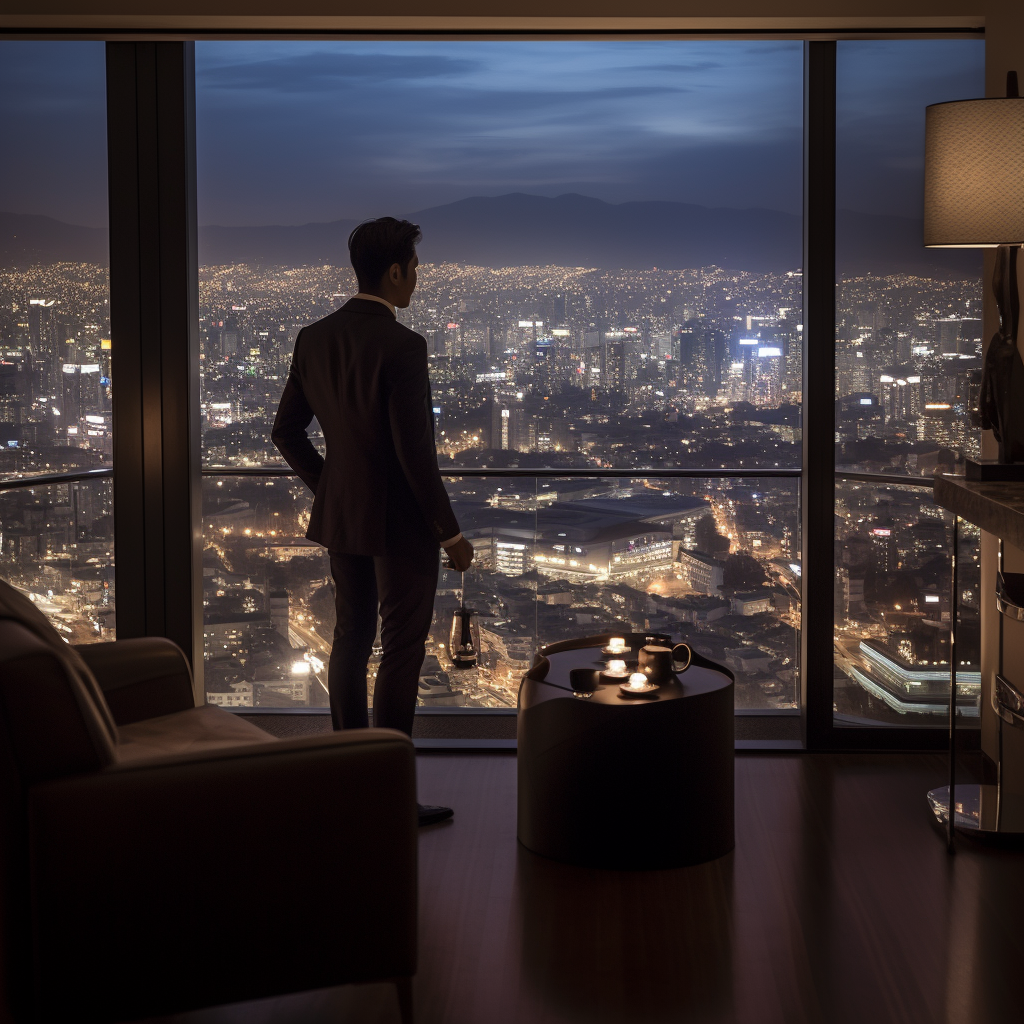 Japanese man enjoying coffee in luxury apartment