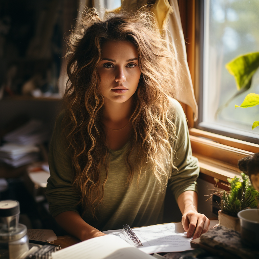 Woman writing in journal in dorm room