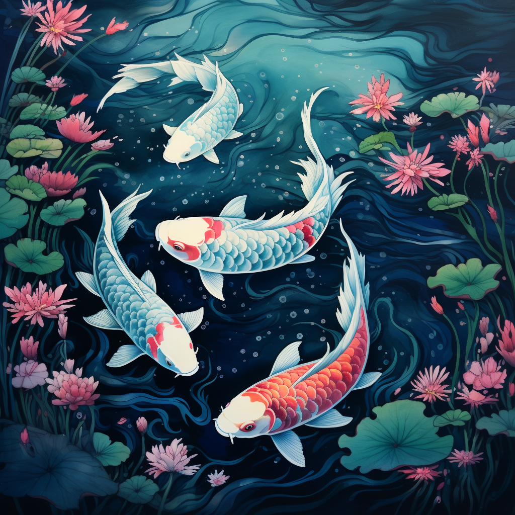 Aerial view of Japanese koi fish waterscape