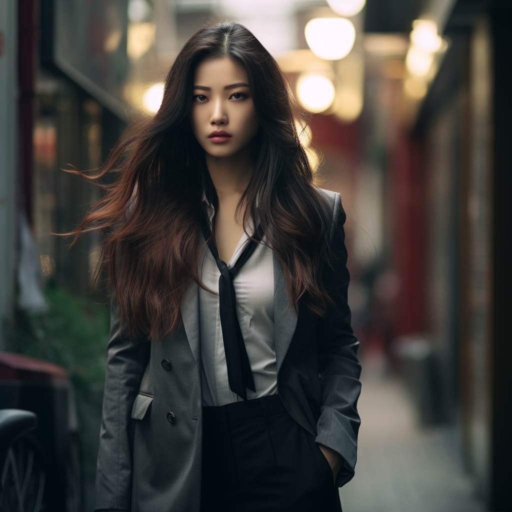 Beautiful Korean detective in stylish attire