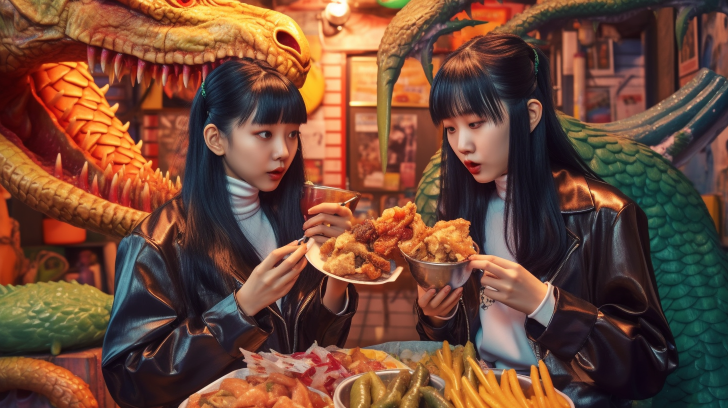 Korean School Girls Enjoying Street Food and Dragon Art