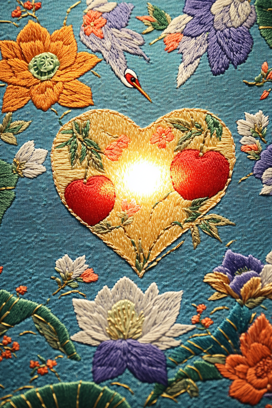Korean heart embroidery with colorful flowers