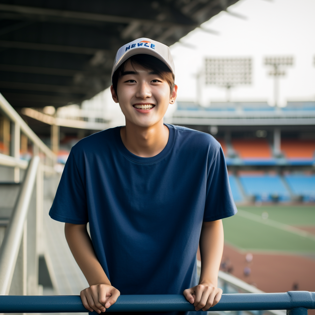 Korean Male Enjoying Baseball Game in Blue T-shirt