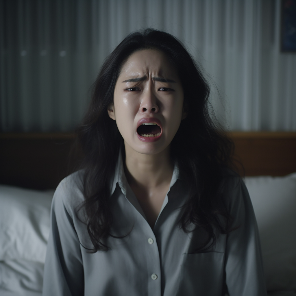 Sad Korean Office Woman Crying on Bed