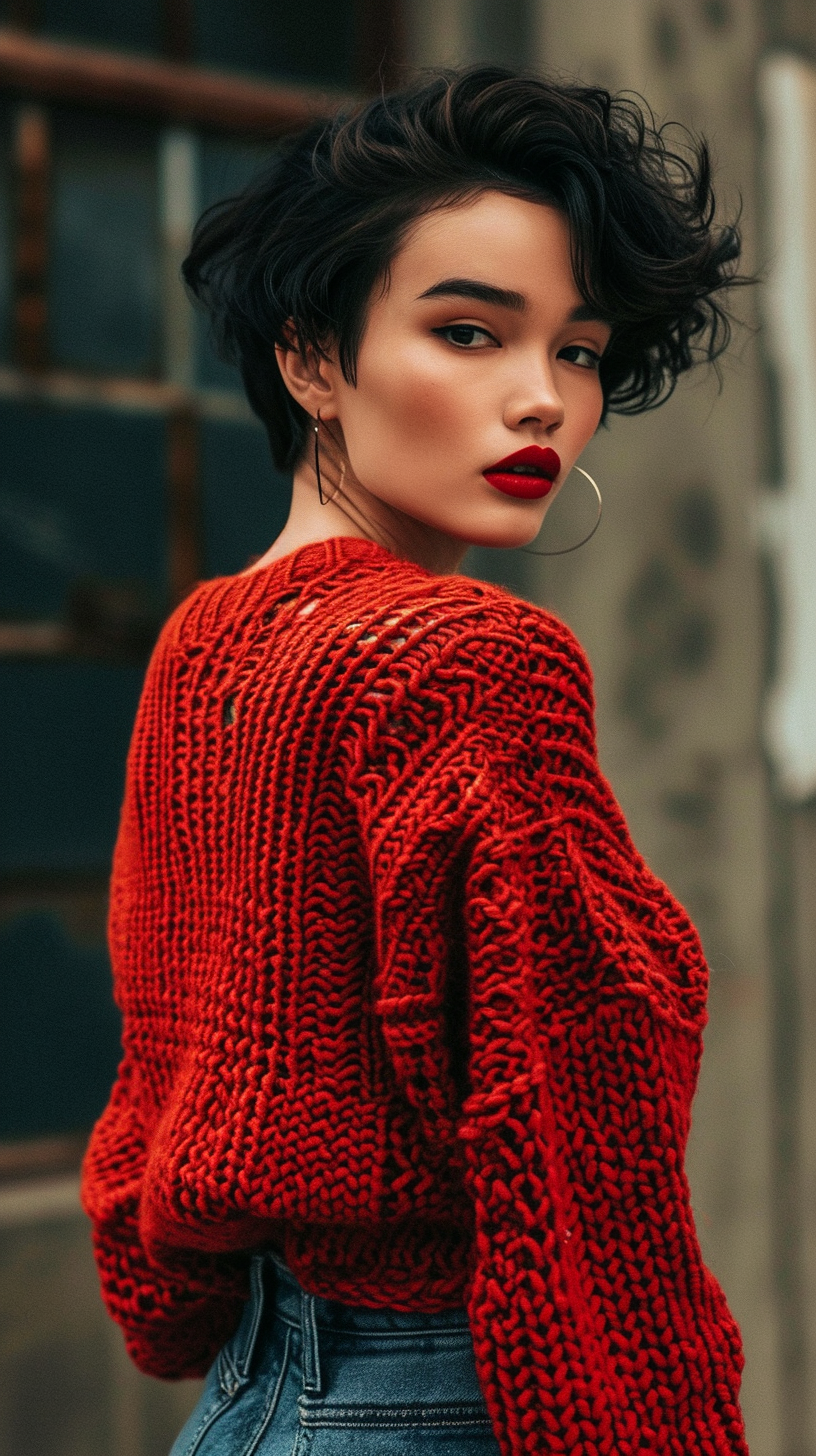 Korena girl in red sweater and jeans