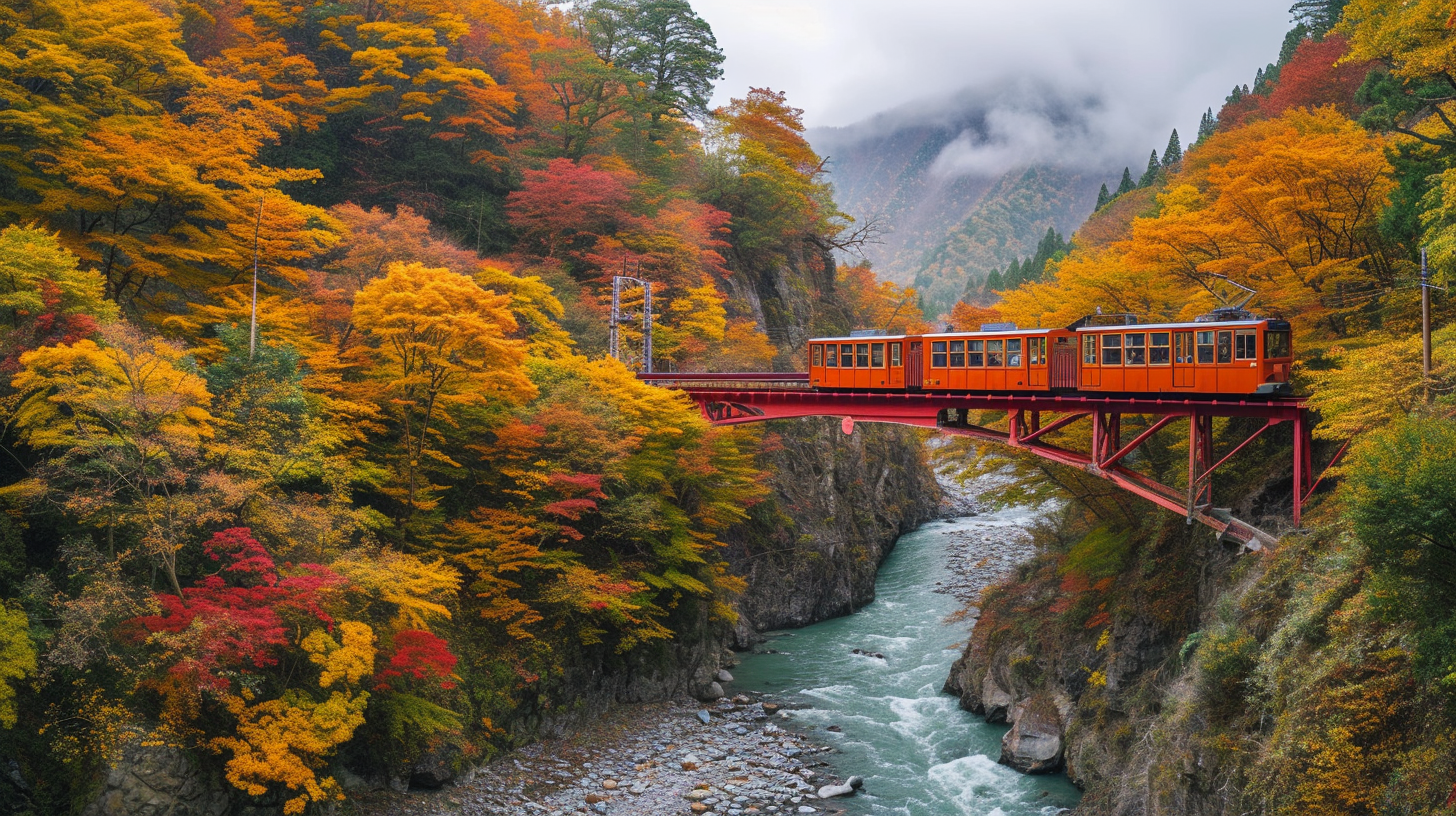 Panoramic view of Kurobe Gorge in autumn