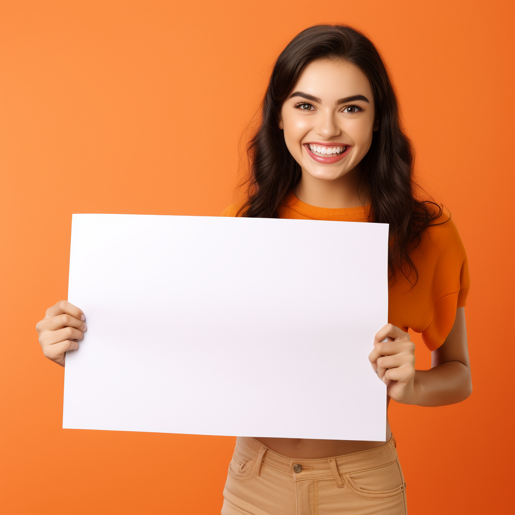 Kylie holding blank paper with smile