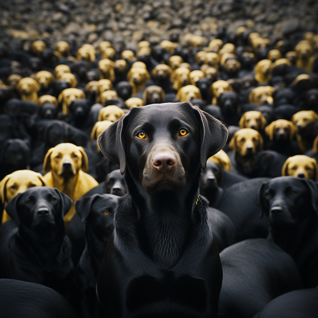 Yellow Labrador surrounded by black Labradors