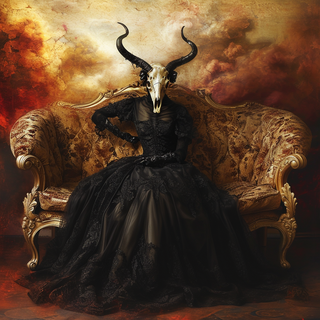 Lady in black dress with longhorn skull mask sitting on Victorian couch