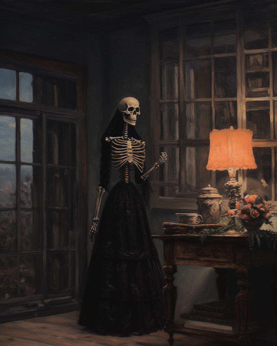 Antique oil painting of lady skeleton in room