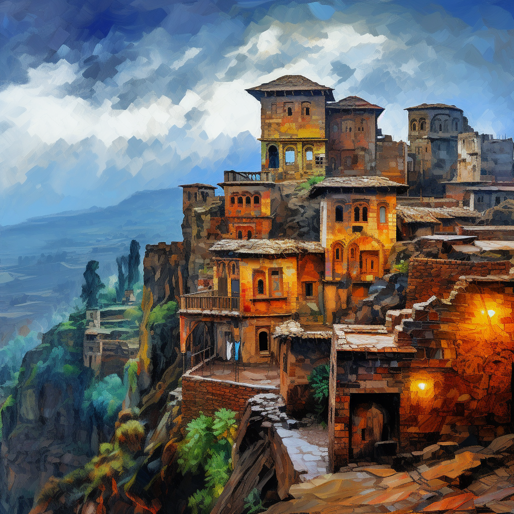 A picturesque coastal cityscape with vivid bismuth water