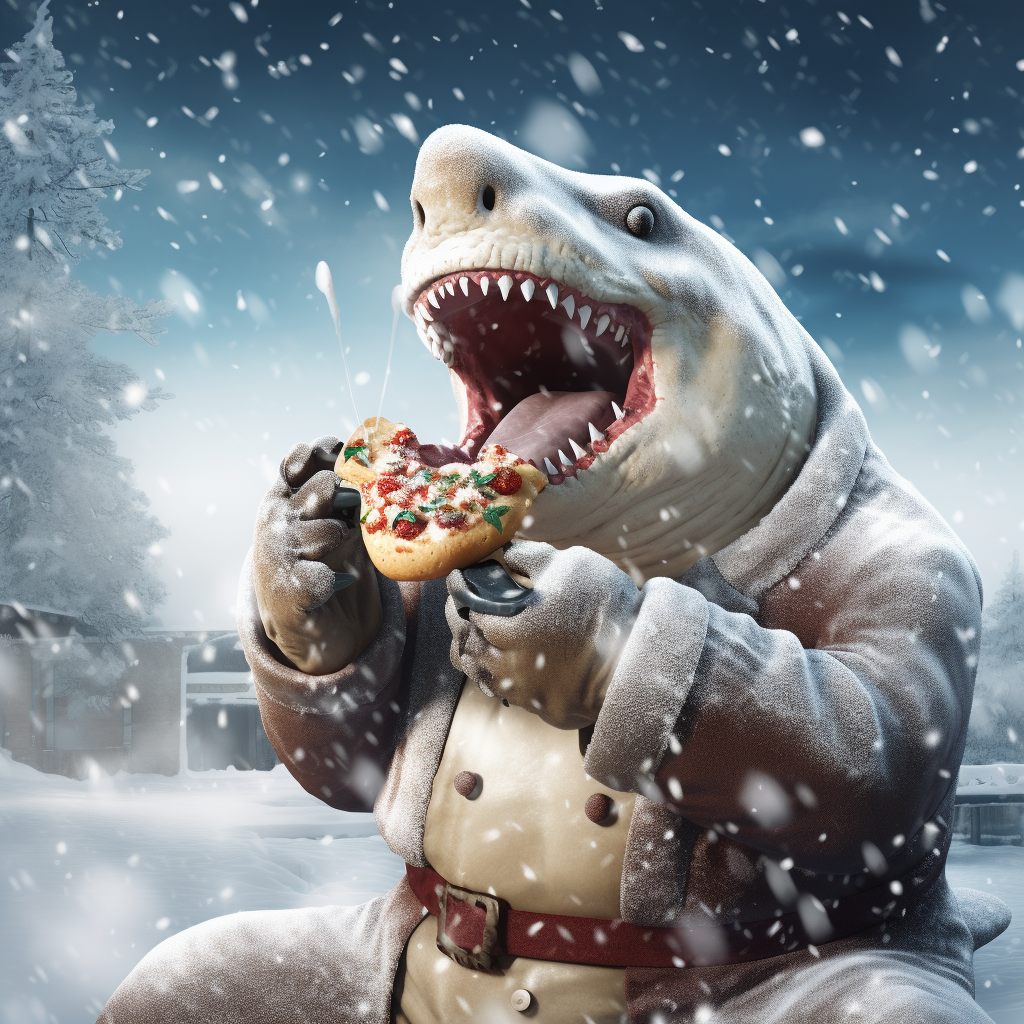 Land Shark Drinking Milk Eating Bread Snowing Snowman