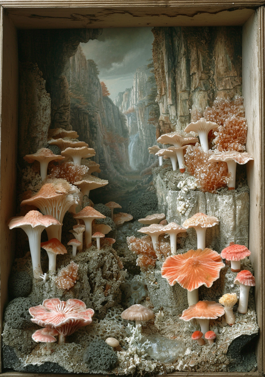 Bacterial fungal colonies in landscape diorama