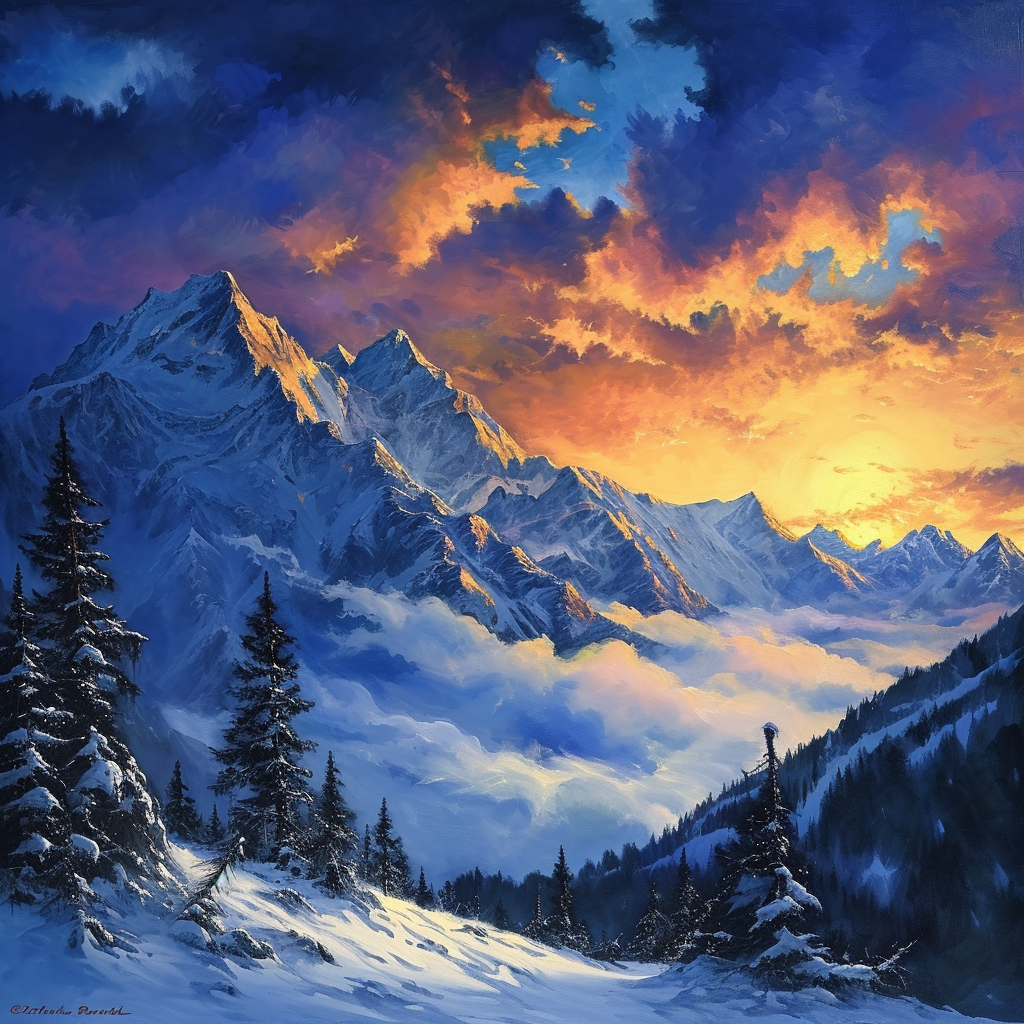 Landscape painting of mountains, clouds, sunset, snow