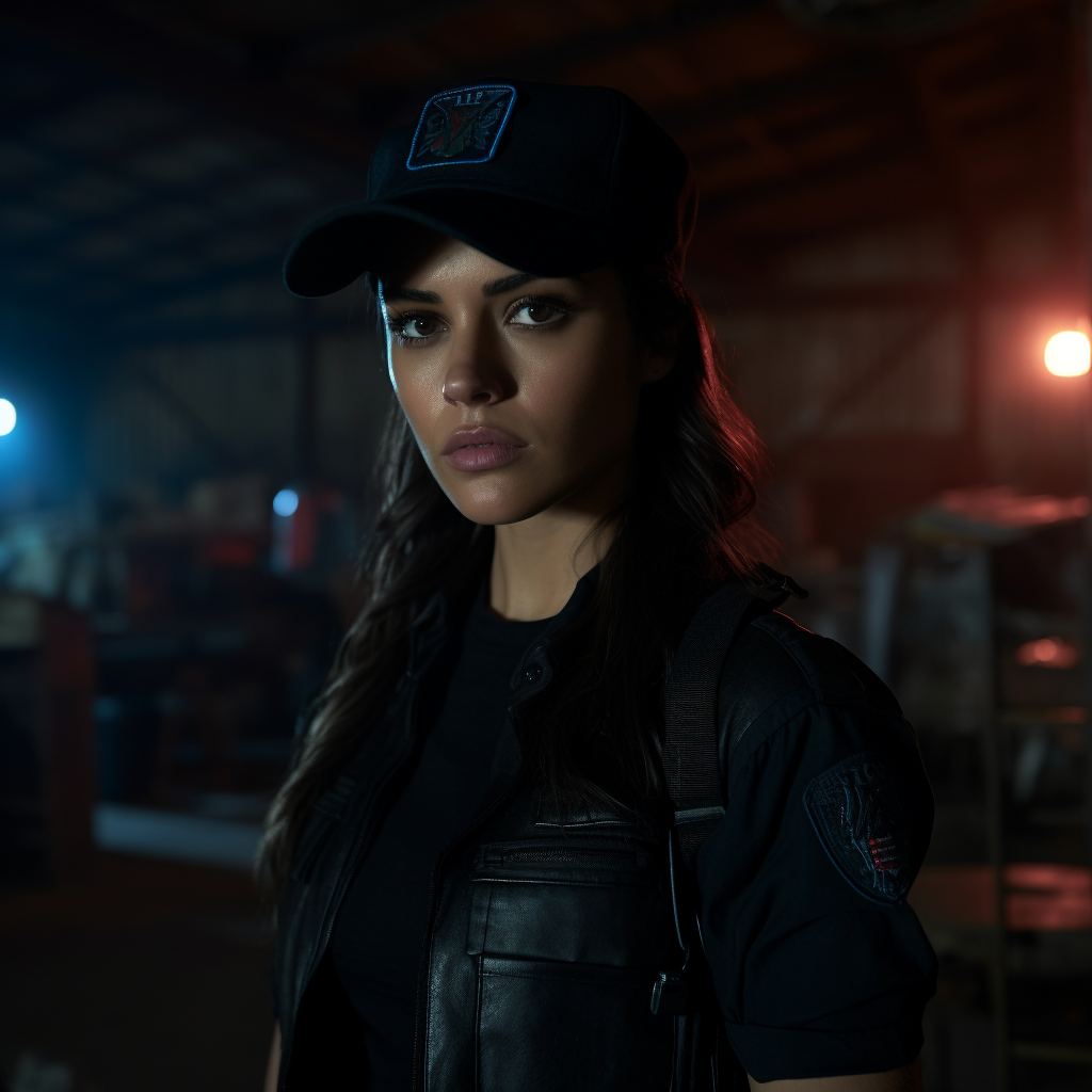 LAPD female cop in uniform looking fearful and confused