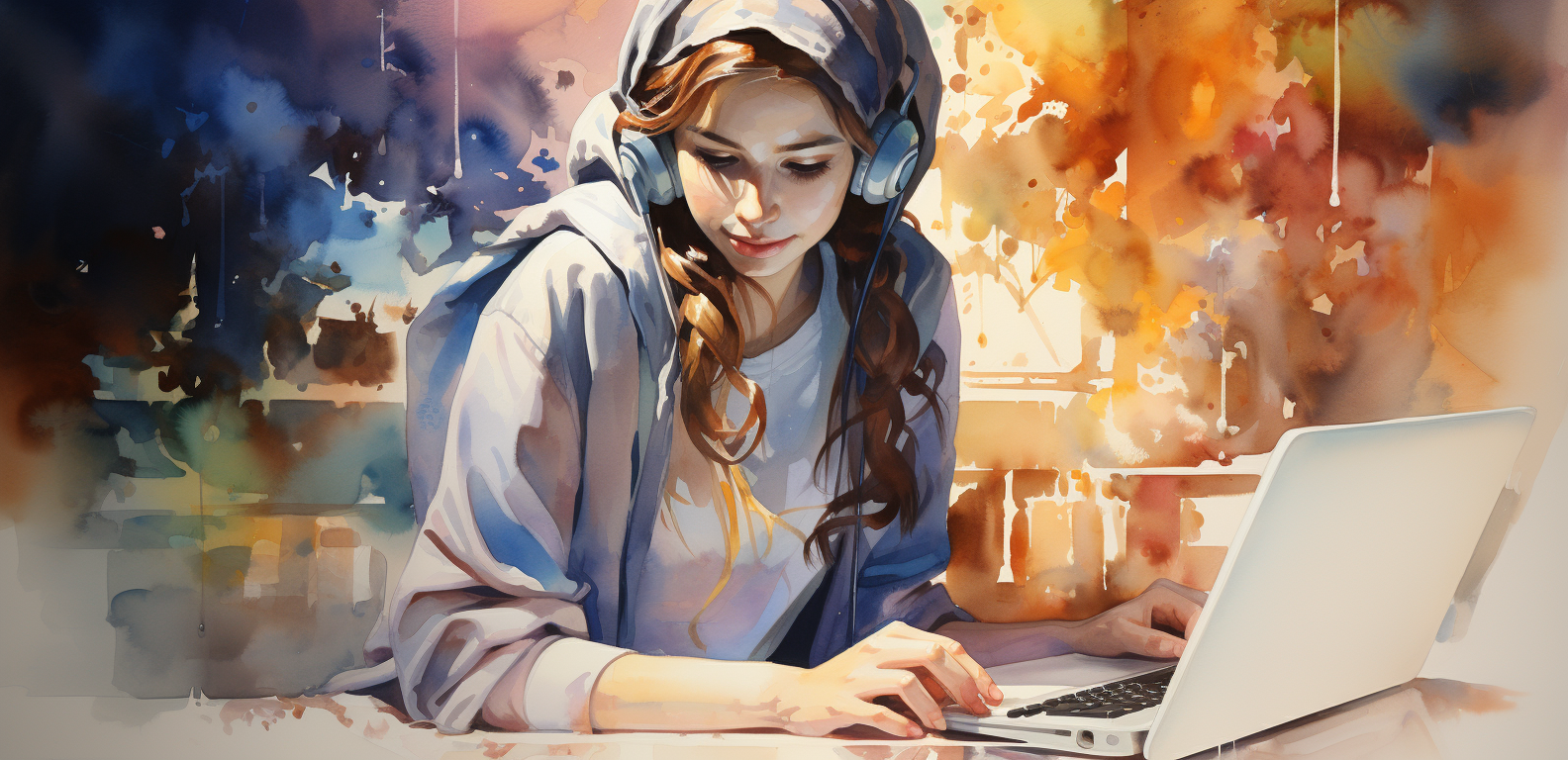 Watercolor painting of computer woman using a laptop