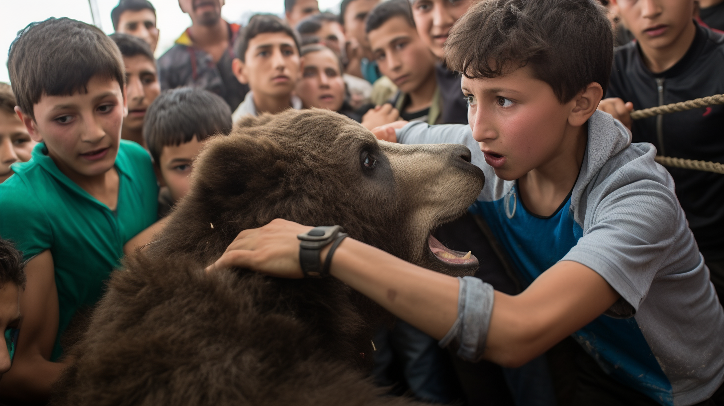 Boys wrestling with baby bear