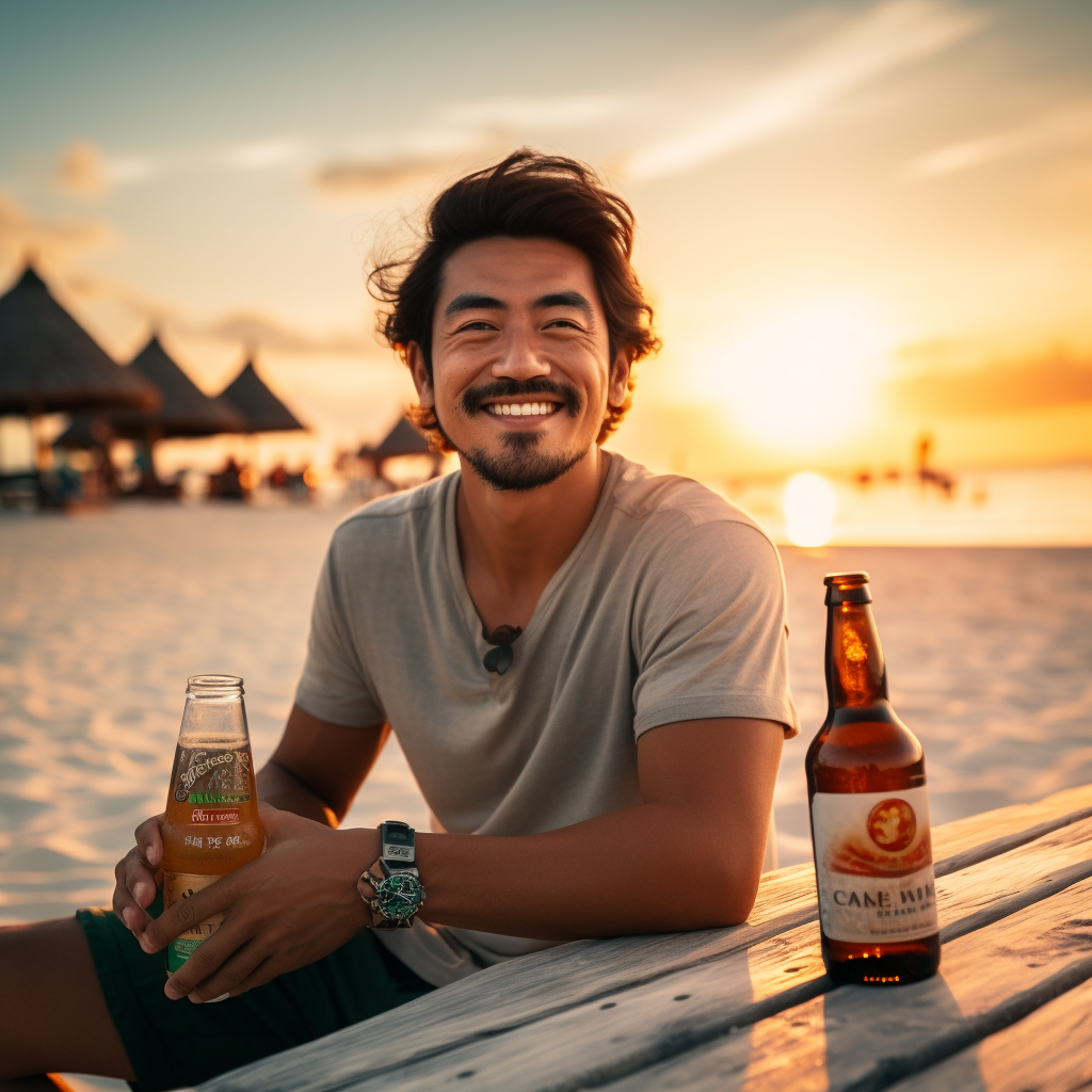 Smiling Asian man enjoying beach sunset