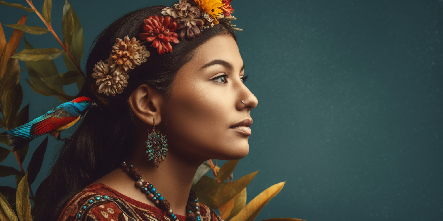 Smiling Latina woman with plants and birds on her head