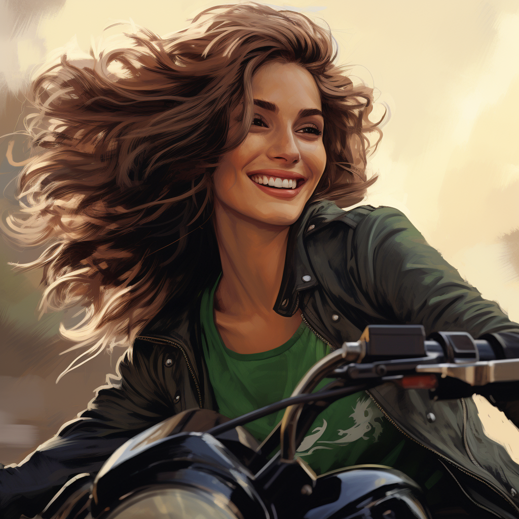 Latina Julia Roberts riding a motorcycle with green hair