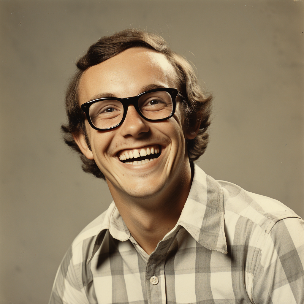 Nerdy white guy laughing in vintage yearbook photo