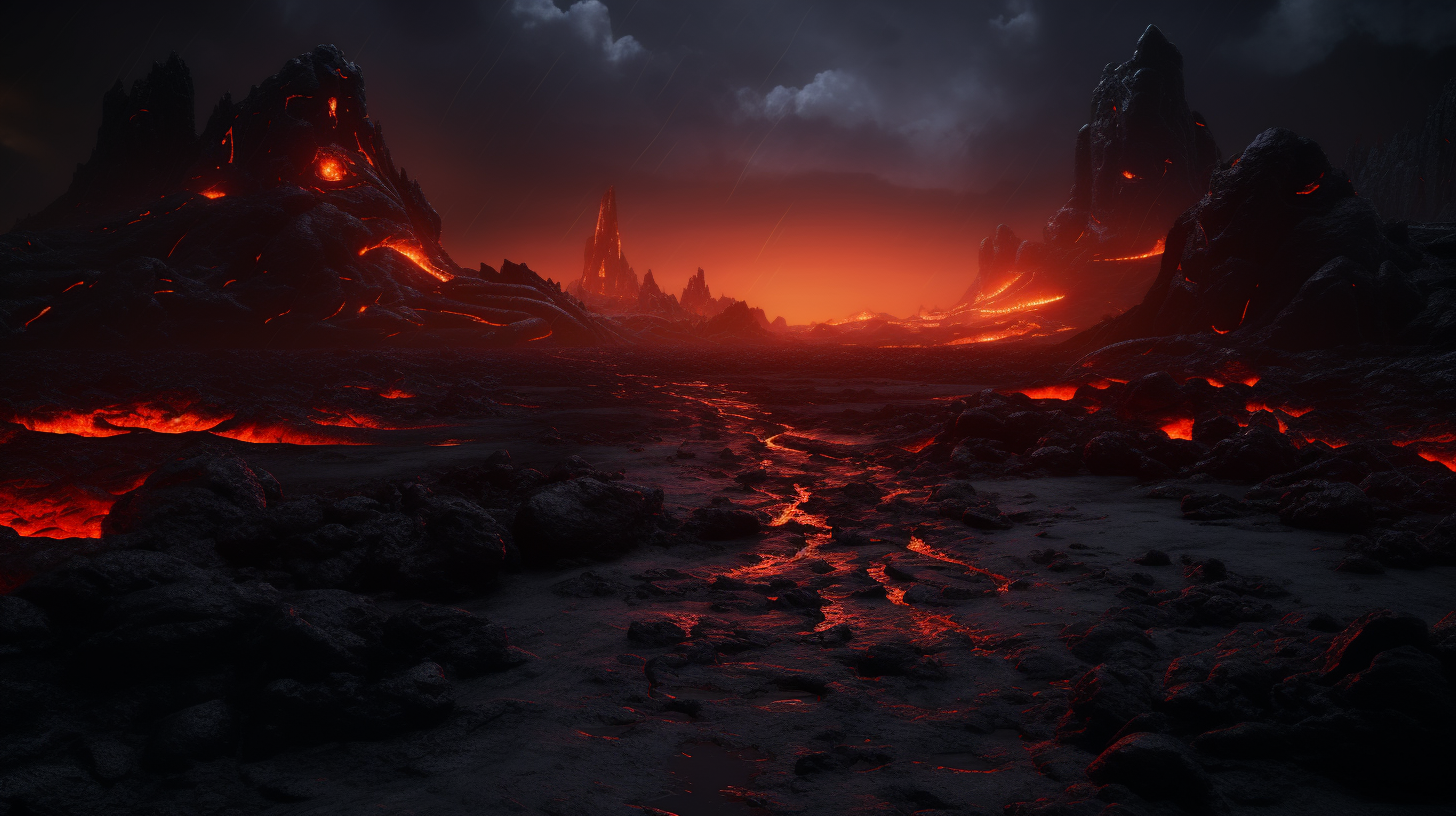 Lava field with volcano and ash