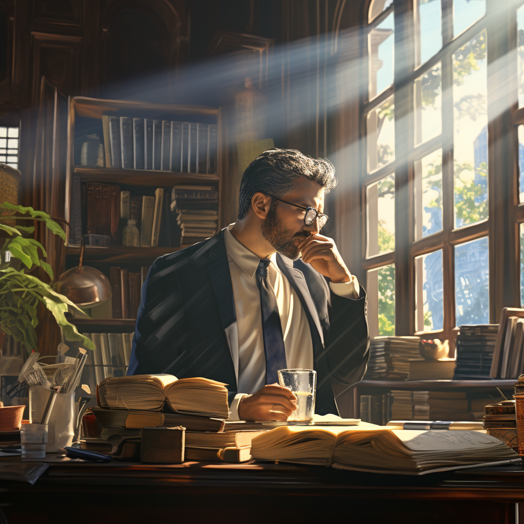 Lawyer sipping coffee at desk with papers and lawbooks