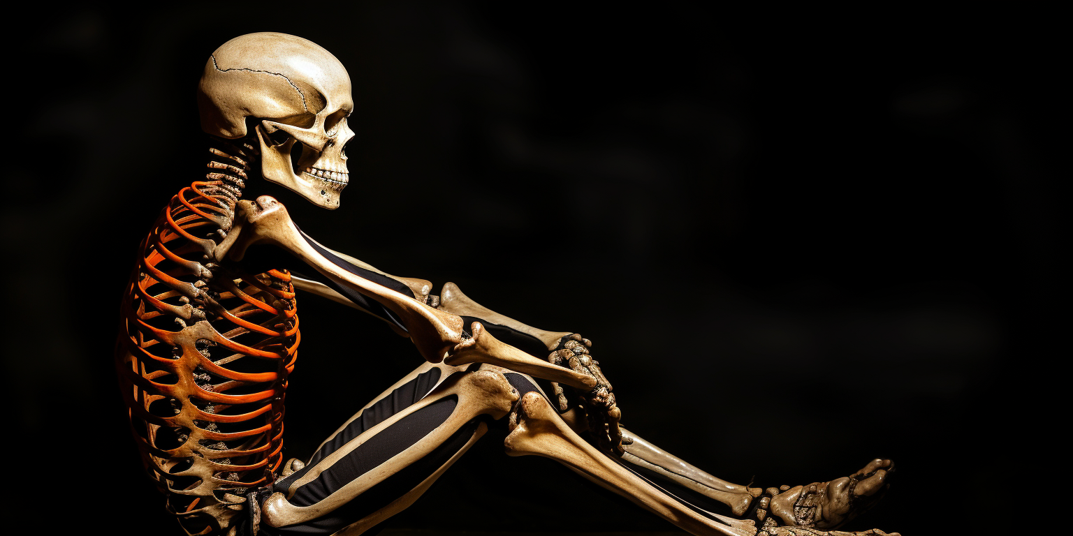 Skeleton lying on black background
