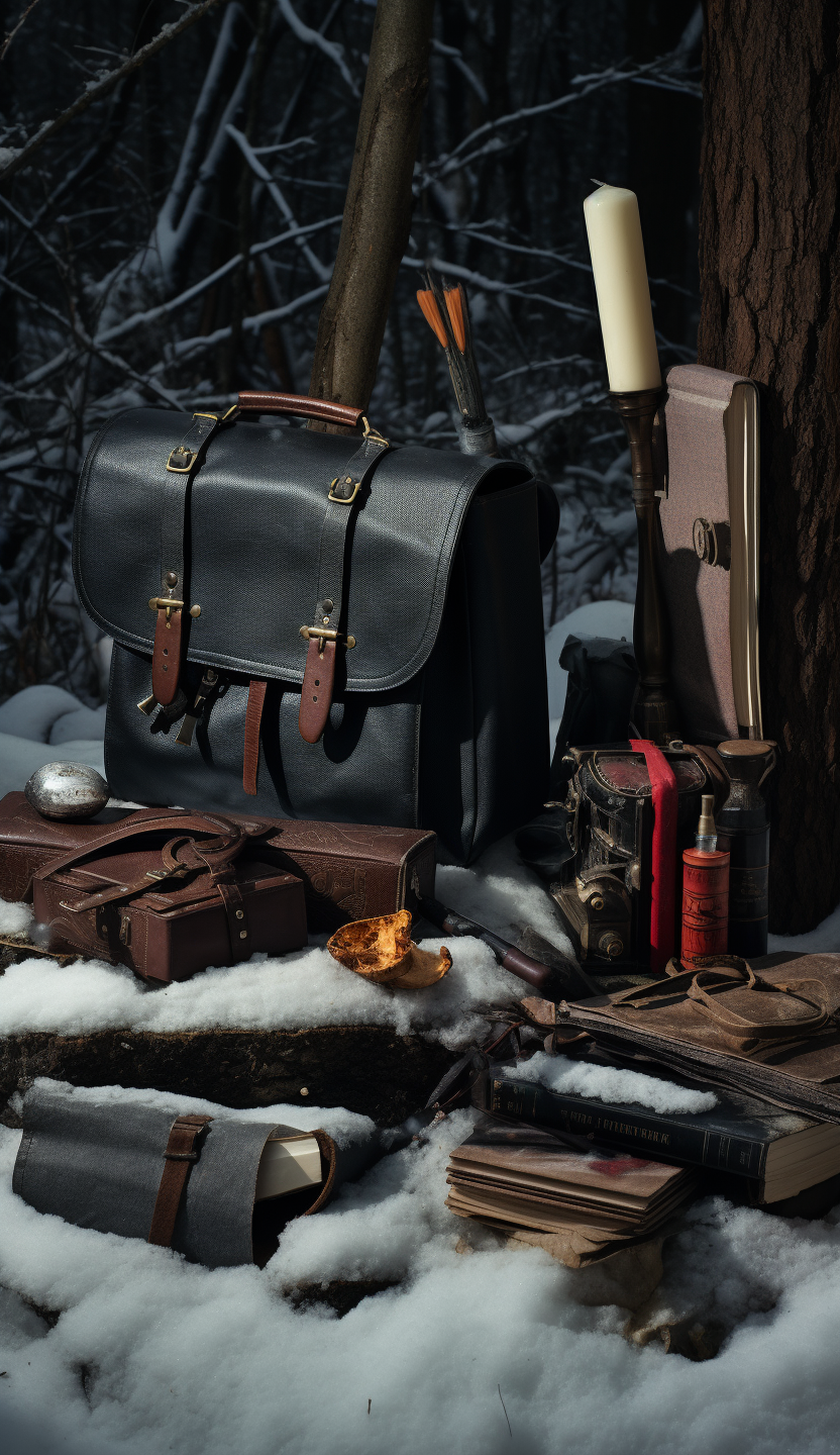 Leather satchel with tools in snow