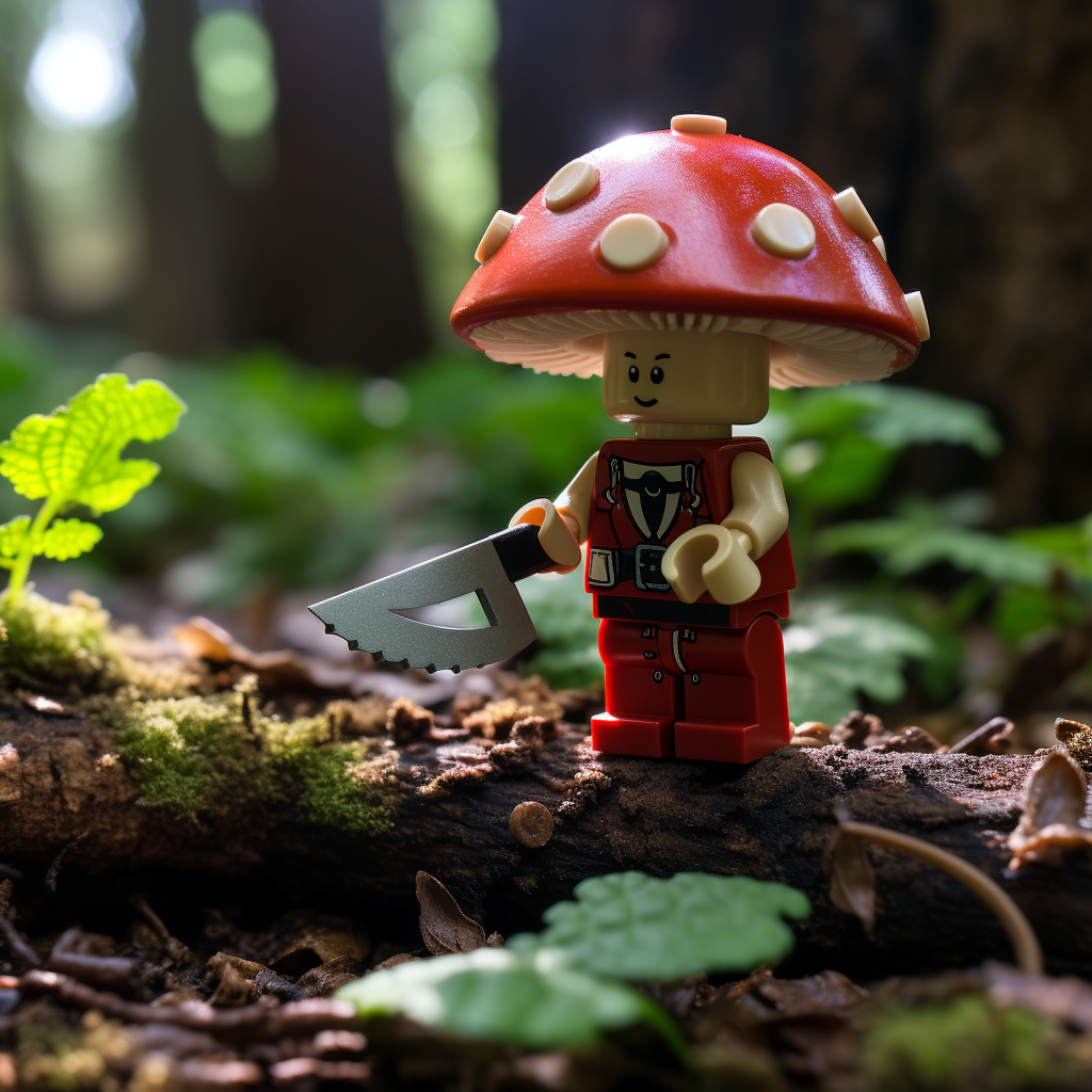 Lego figure sawing mushroom in forest