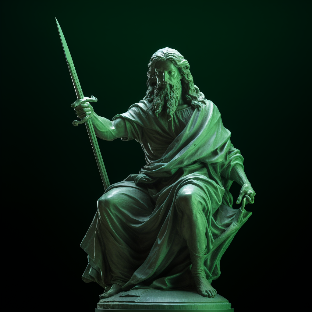 Statue of Leonardo da Vinci aiming with spear