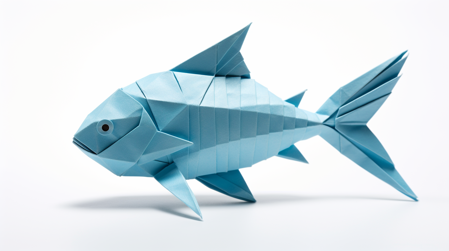 Light blue origami fish on white background